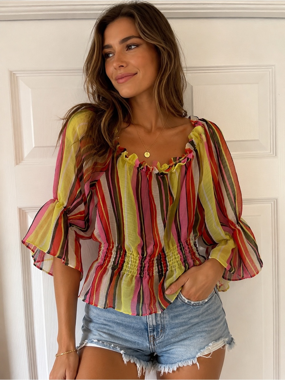 Sheer Striped Ruffle-Neck Peasant Top - Multi color small
